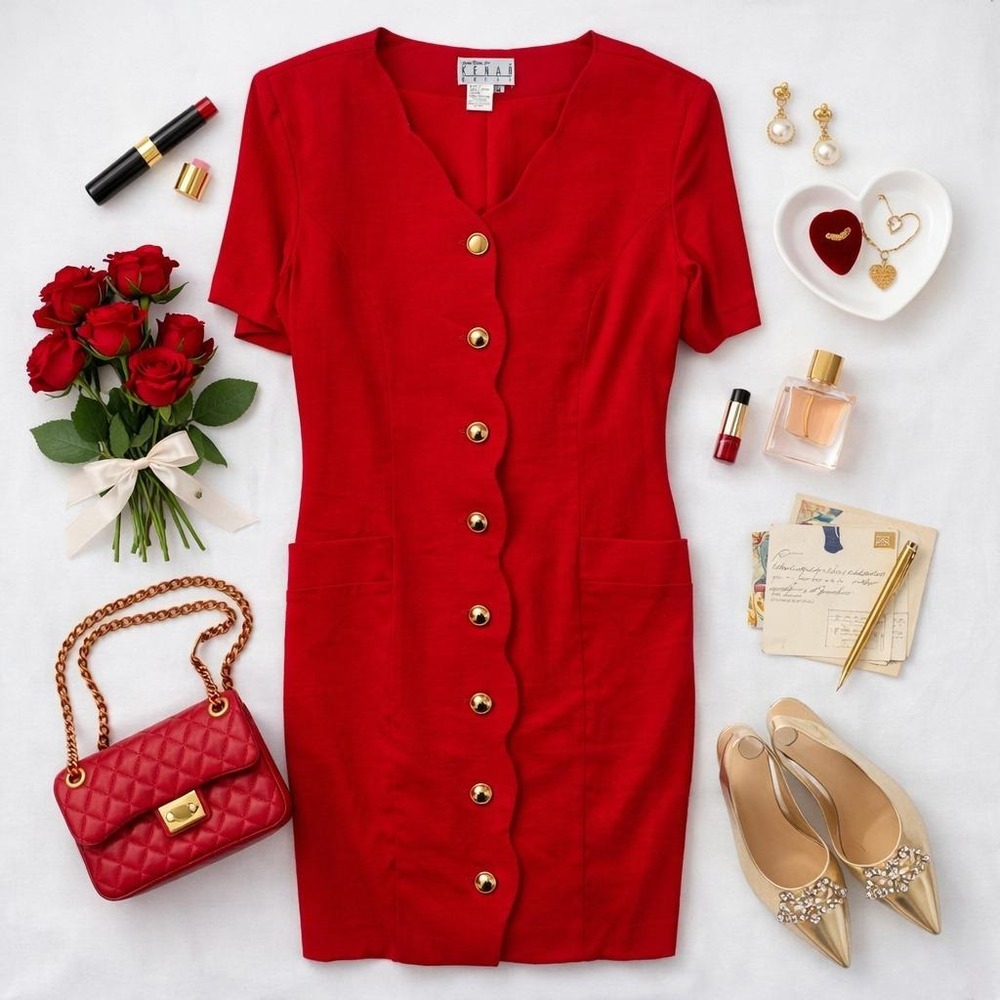 Wms 90s Vintage Linen Shift Dress Red Scalloped Button Front Kenar‎ Size 14 NWT